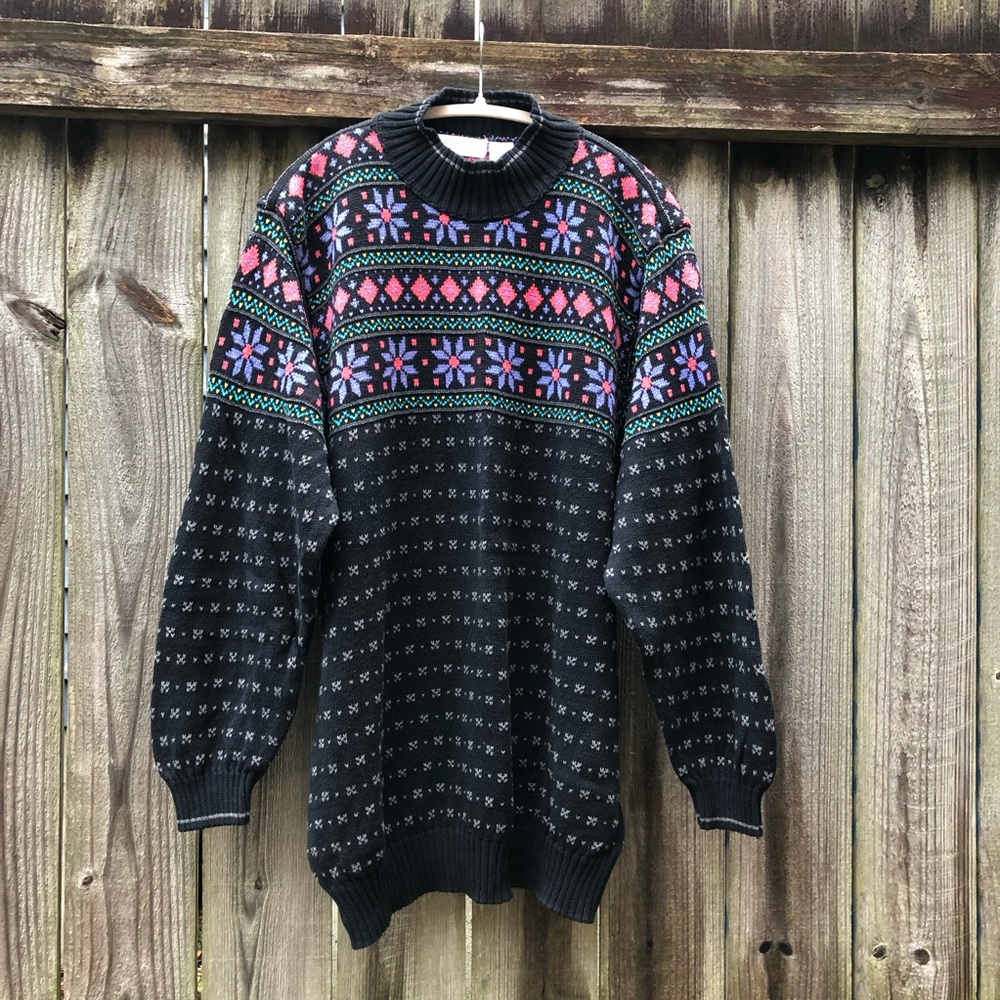 Elisabeth Liz Claiborne Vintage Fair Isle Sweater 100% Cotton Size 1X Mock Neck